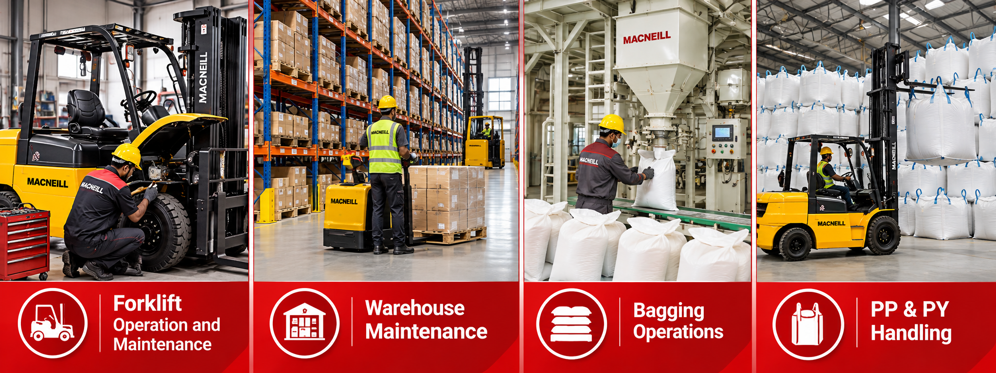 Macneill Engineering Limited industrial services: forklift operation and maintenance, warehouse maintenance, bagging operations, and PP and PY handling